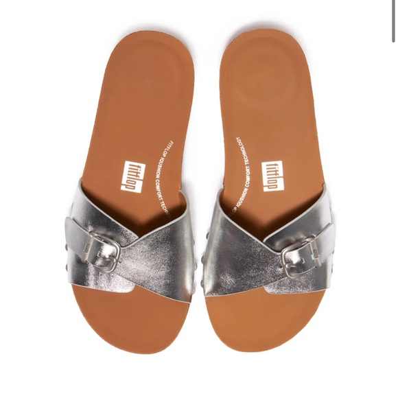 Fit Flop Silver Adjustable Strap Metallic Sandals - - Picture 1 of 7